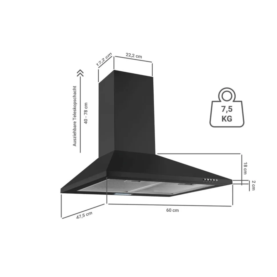 Kaminhaube 'Karena' schwarz matt Metall pulverbeschichtet 60 cm