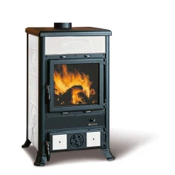 Kaminofen 'Rossella R1' Majolika Kacheln/Stahl schwarz-weiß 8,8 kW