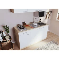 Küchenzeile 'Luis' mit E-Geräten weiß/eichefarben 150 cm ohne Kühlschrank