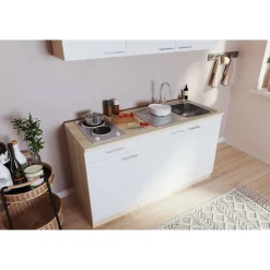 Küchenzeile 'Luis' mit E-Geräten weiß/eichefarben 150 cm ohne Kühlschrank