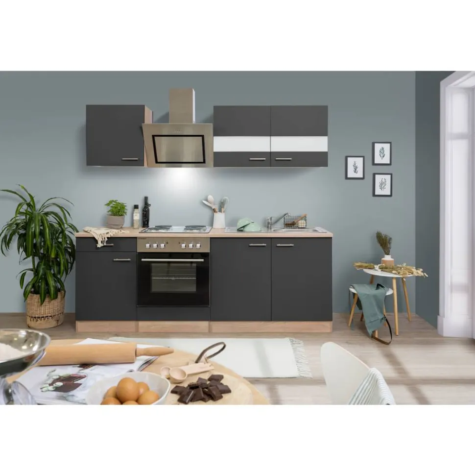 Küchenzeile 'Merle' mit E-Geräten KB210ESGS grau/eichefarben 210 cm