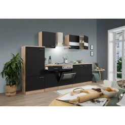 Küchenzeile 'Merle' mit E-Geräten KB270ESS schwarz/eichefarben 270 cm