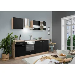 Küchenzeile 'Merle' mit E-Geräten KB210ESSC schwarz/eichfarben 210 cm