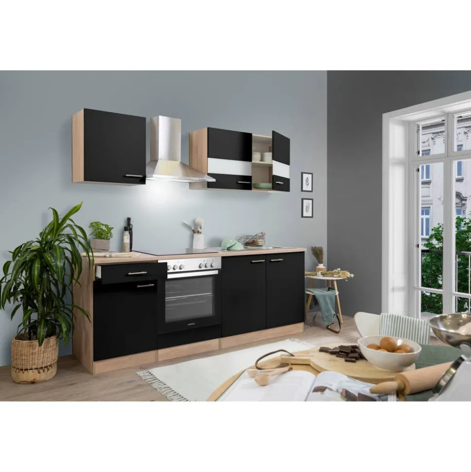 Küchenzeile 'Merle' mit E-Geräten KB210ESSC schwarz/eichfarben 210 cm
