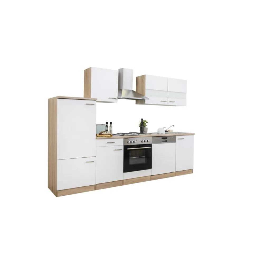 Küchenzeile 'Merle' mit E-Geräten KB280ESW weiß/eichefarben 280 cm