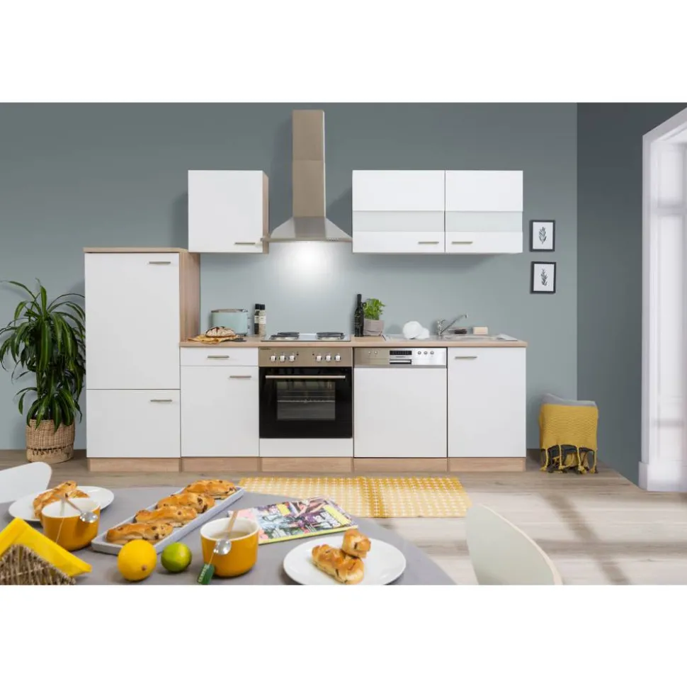 Küchenzeile 'Merle' mit E-Geräten KB280ESW weiß/eichefarben 280 cm
