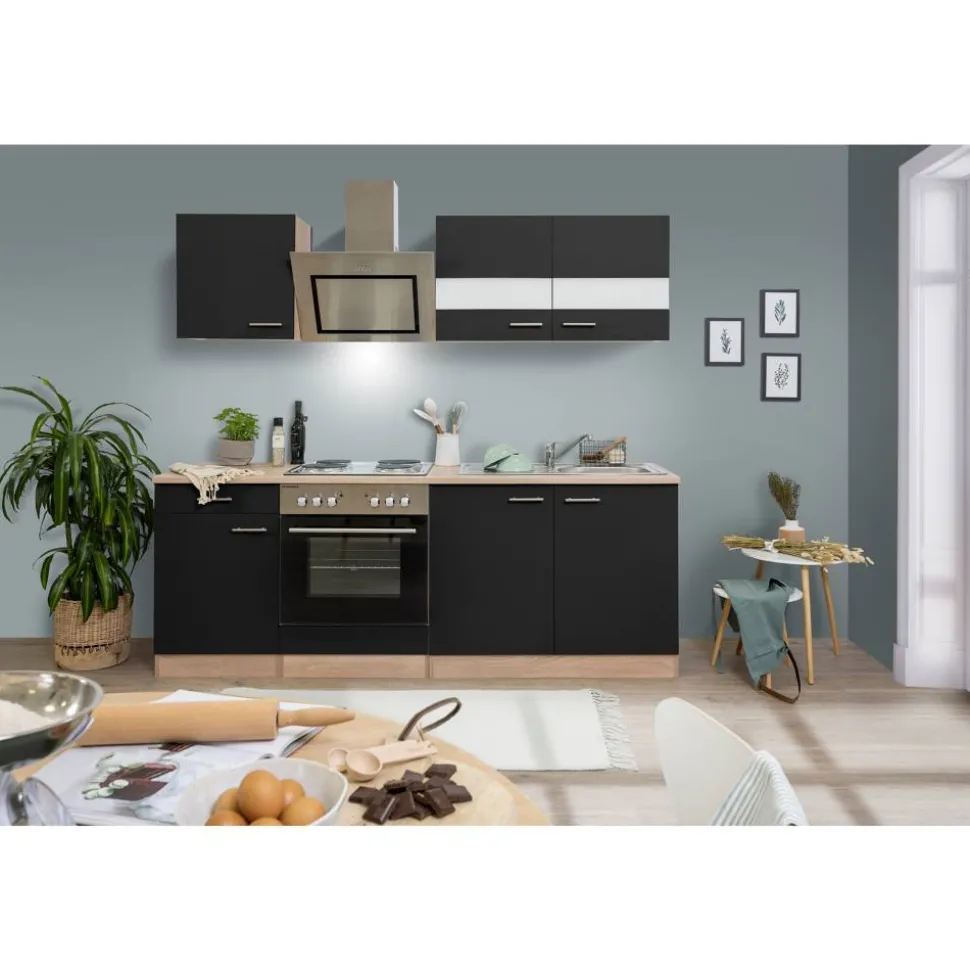Küchenzeile 'Merle' mit E-Geräten KB210ESSS schwarz/eichefarben 210 cm
