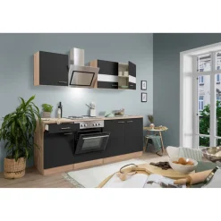 Küchenzeile 'Merle' mit E-Geräten KB210ESSS schwarz/eichefarben 210 cm