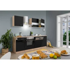 Küchenzeile 'Merle' mit E-Geräten KB220ESS schwarz/eichefarben 220 cm