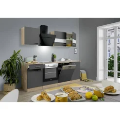Küchenzeile 'Merle' mit E-Geräten KB220ESGSSC grau/eichefarben 220 cm