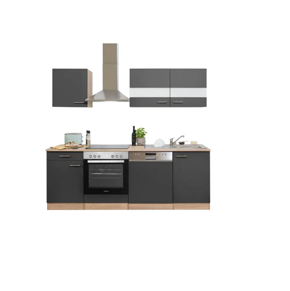 Küchenzeile 'Merle' mit E-Geräten KB220ESGC grau/eichefarben 220 cm