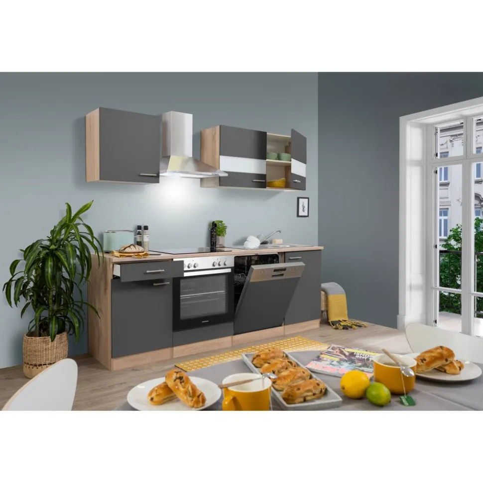 Küchenzeile 'Merle' mit E-Geräten KB220ESGC grau/eichefarben 220 cm