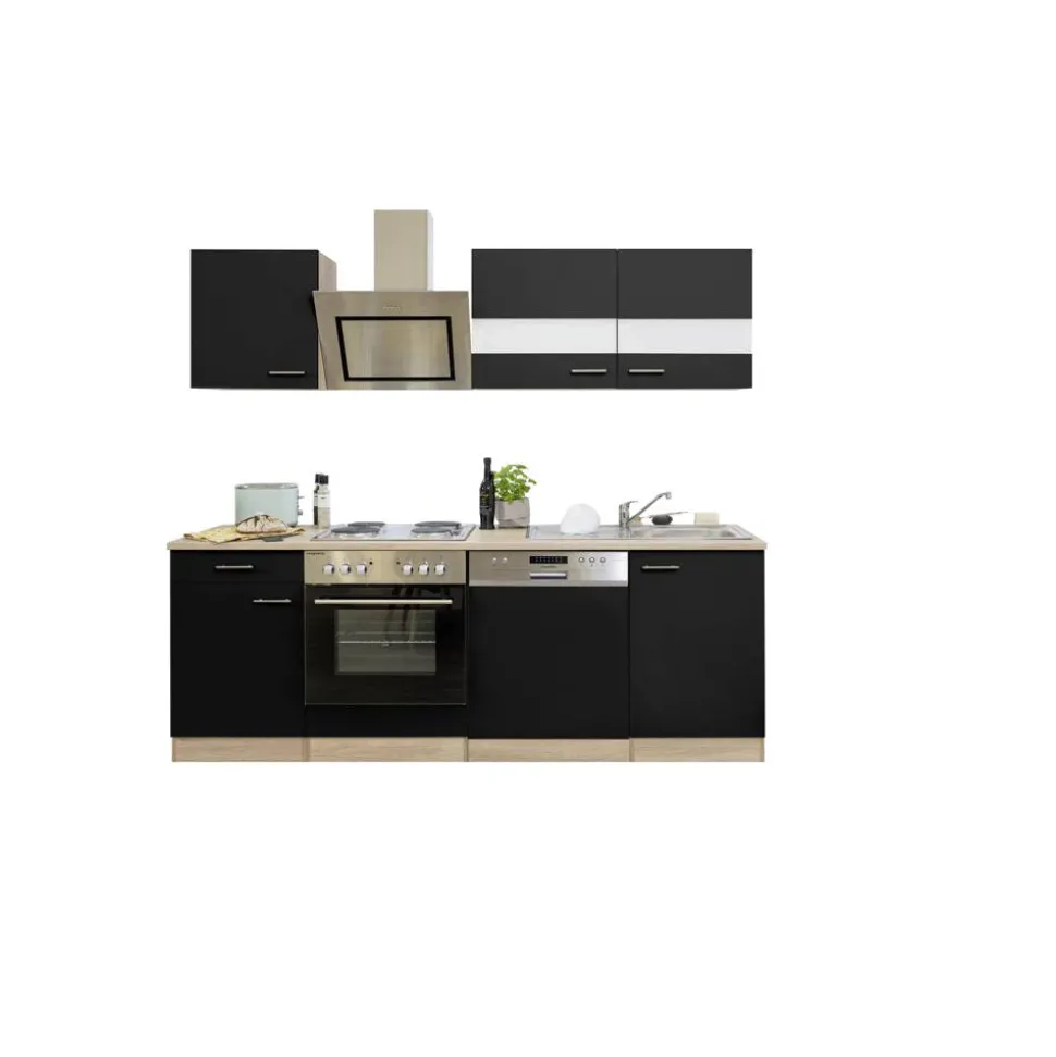 Küchenzeile 'Merle' mit E-Geräten KB220ESSS schwarz/eichefarben 220 cm