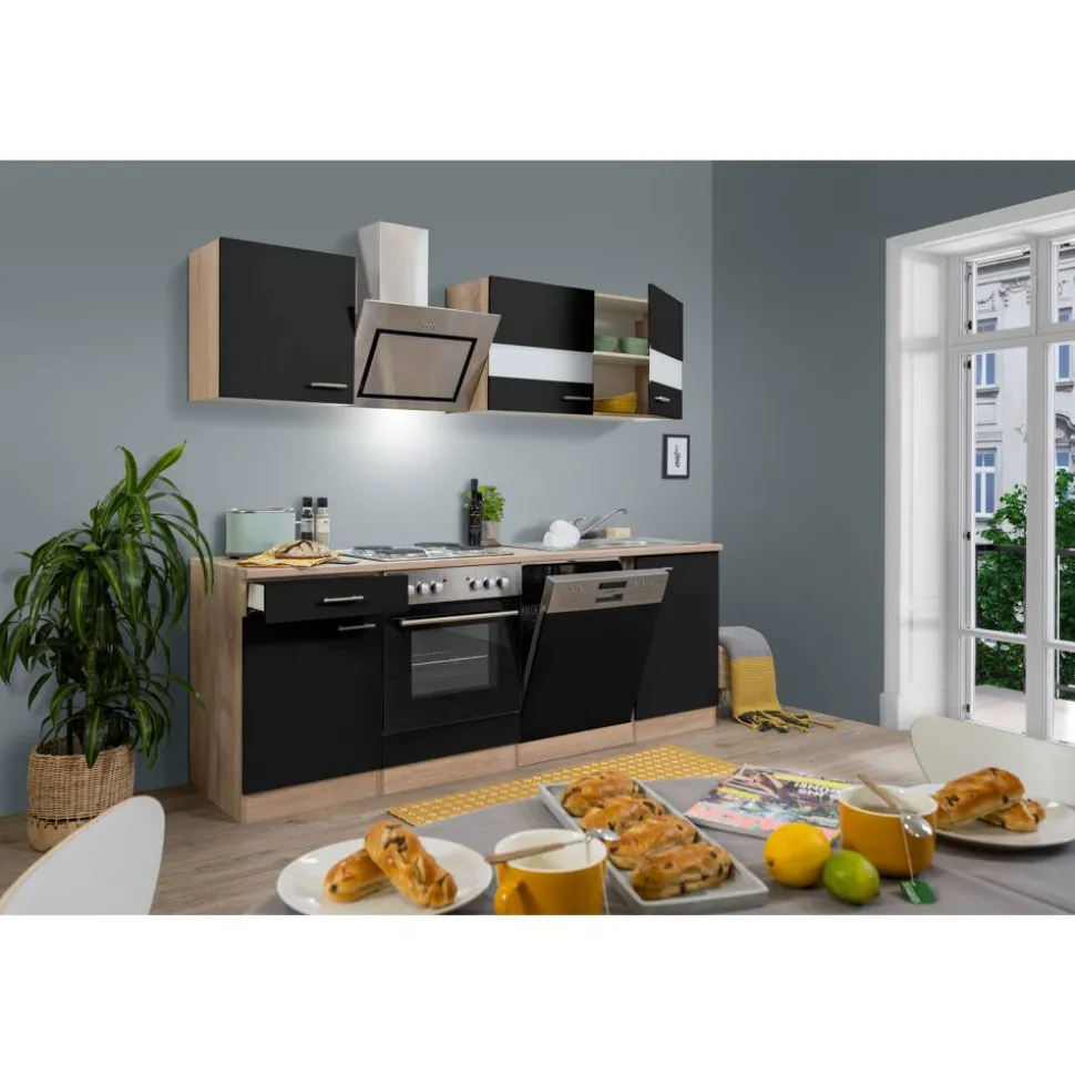 Küchenzeile 'Merle' mit E-Geräten KB220ESSS schwarz/eichefarben 220 cm