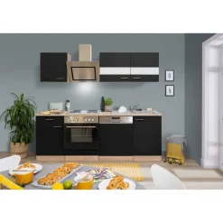 Küchenzeile 'Merle' mit E-Geräten KB220ESSS schwarz/eichefarben 220 cm