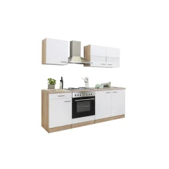 Küchenzeile 'Merle' mit E-Gräten KB210ESW weiß/eichefarben 210 cm