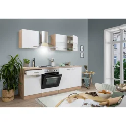 Küchenzeile 'Merle' mit E-Gräten KB210ESW weiß/eichefarben 210 cm