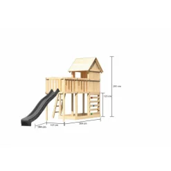Kinderspielhaus 'Frieda' Fichtenholz naturbelassen mit Rutsche anthrazit, Anbauplattform, Kletterwand 107 x 291 x 107 cm