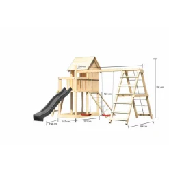 Kinderspielhaus 'Frieda' Fichtenholz naturbelassen mit Rutsche anthrazit, Doppelschaukel, Klettergerüst, Netzrampe 107 x 291 x 107 cm