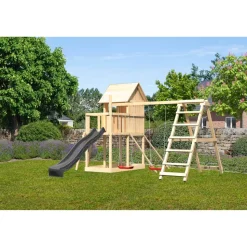 Kinderspielhaus 'Frieda' Fichtenholz naturbelassen mit Rutsche anthrazit, Doppelschaukel, Klettergerüst, Netzrampe 107 x 291 x 107 cm