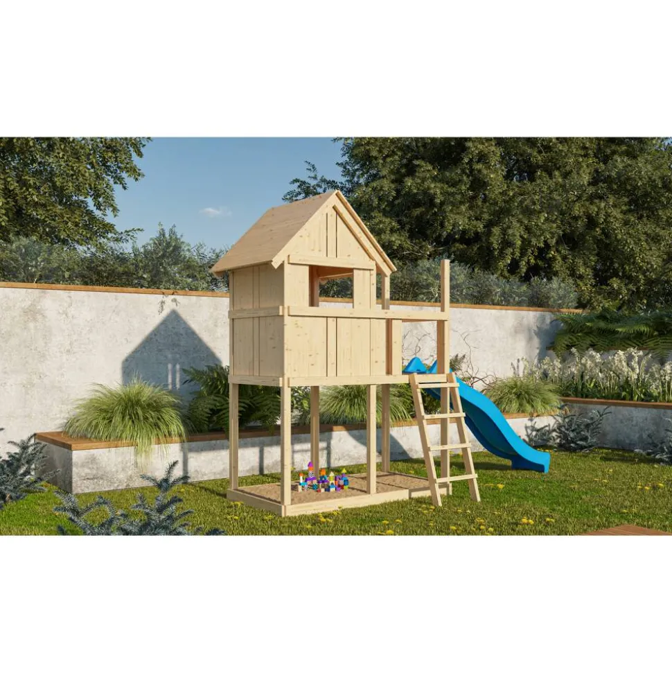Kinderspielhaus 'Frieda' naturbelassene nordische Fichte 202 x 291 x 107 cm blau