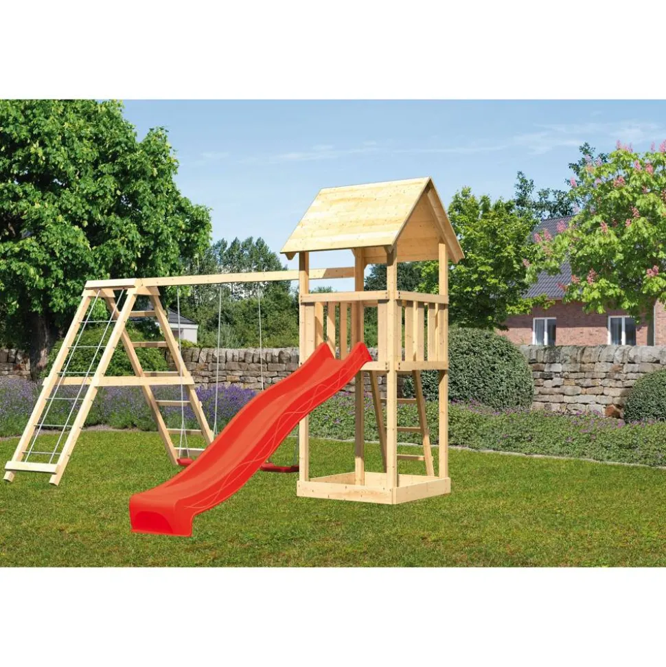 Kinderspielturm 'Lotti' Doppelschaukelanbau Klettergerüst Rutsche rot