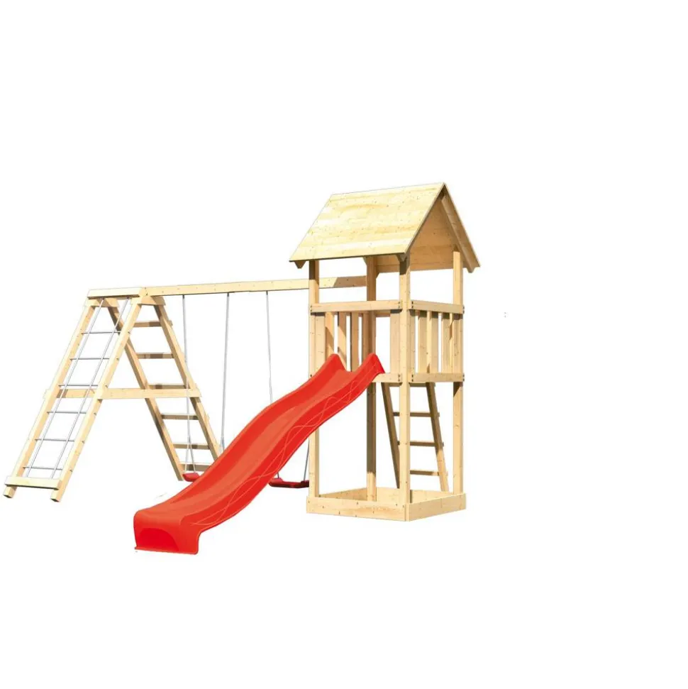 Kinderspielturm 'Lotti' Doppelschaukelanbau Klettergerüst Rutsche rot