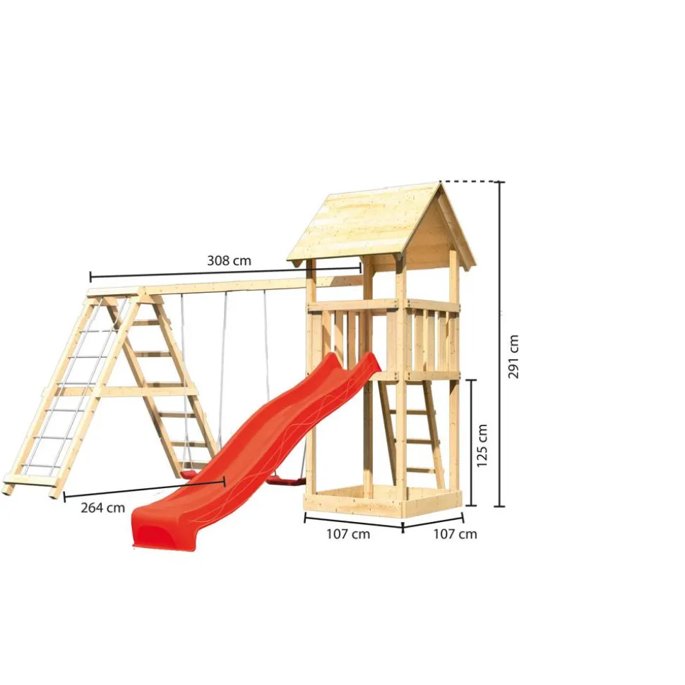 Kinderspielturm 'Lotti' Doppelschaukelanbau Klettergerüst Rutsche rot