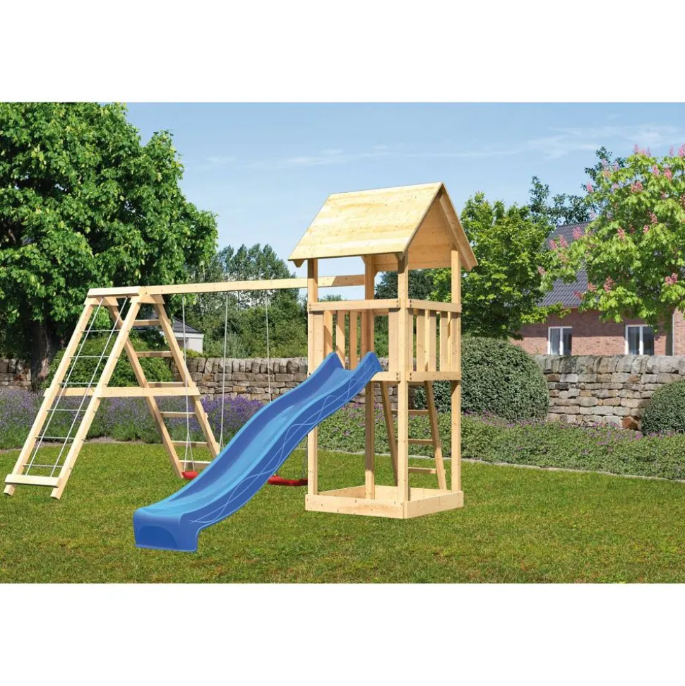 Kinderspielturm 'Lotti' Doppelschaukelanbau Klettergerüst Rutsche blau