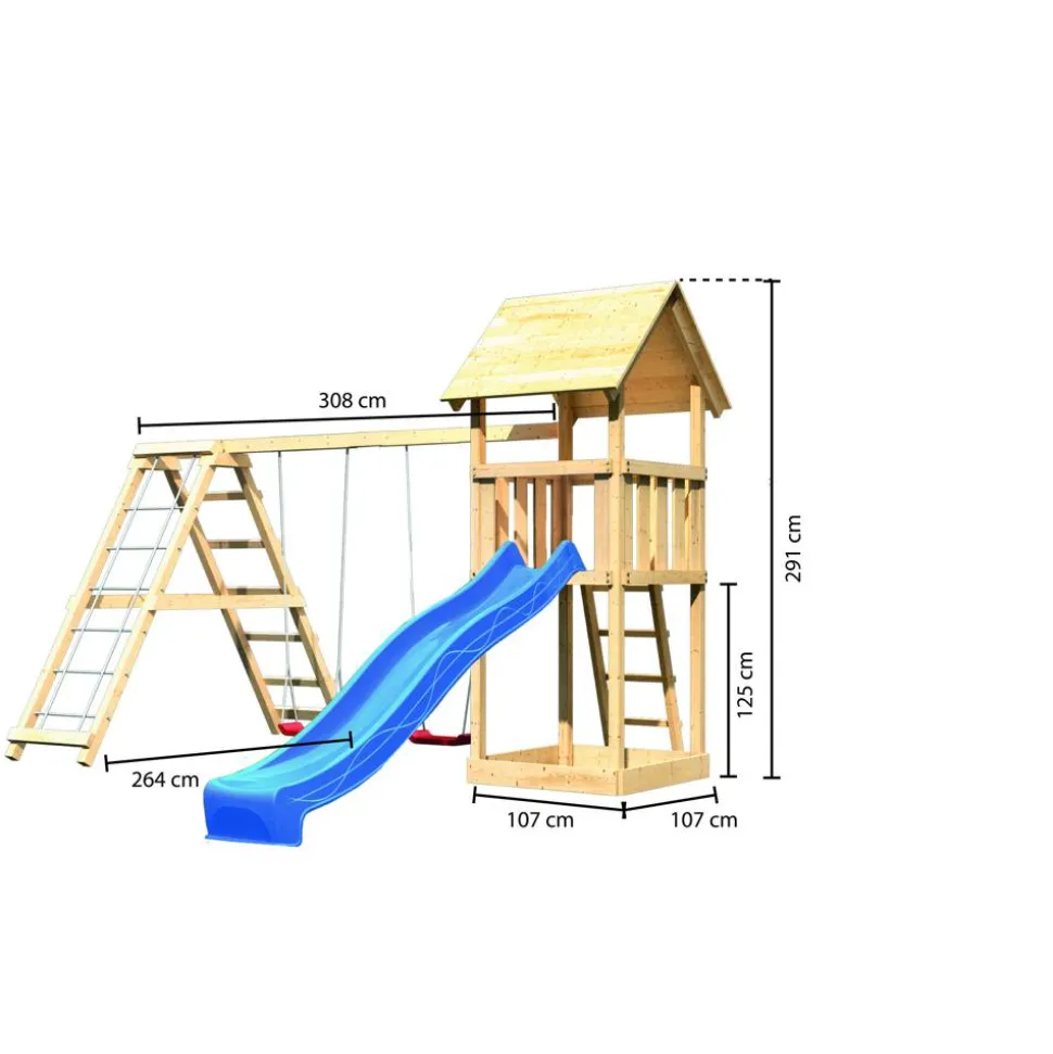 Kinderspielturm 'Lotti' Doppelschaukelanbau Klettergerüst Rutsche blau