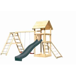 Kinderspielturm 'Lotti' Fichtenholz naturbelassen mit Rutsche anthrazit, Doppelschaukelanbau, Klettergerüst, Netzrampe 107 x 291 x 107 cm