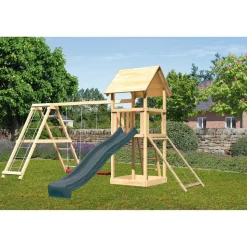 Kinderspielturm 'Lotti' Fichtenholz naturbelassen mit Rutsche anthrazit, Doppelschaukelanbau, Klettergerüst, Netzrampe 107 x 291 x 107 cm