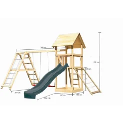 Kinderspielturm 'Lotti' Fichtenholz naturbelassen mit Rutsche anthrazit, Doppelschaukelanbau, Klettergerüst, Netzrampe 107 x 291 x 107 cm