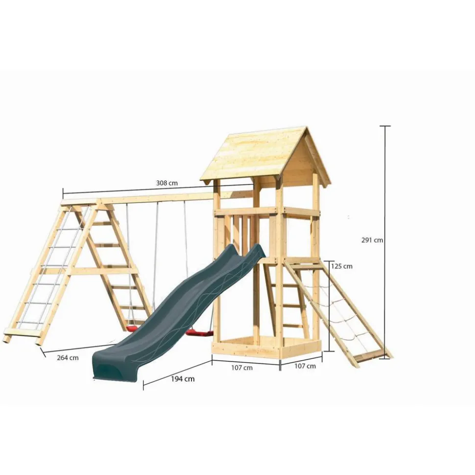 Kinderspielturm 'Lotti' Fichtenholz naturbelassen mit Rutsche anthrazit, Doppelschaukelanbau, Klettergerüst, Netzrampe 107 x 291 x 107 cm