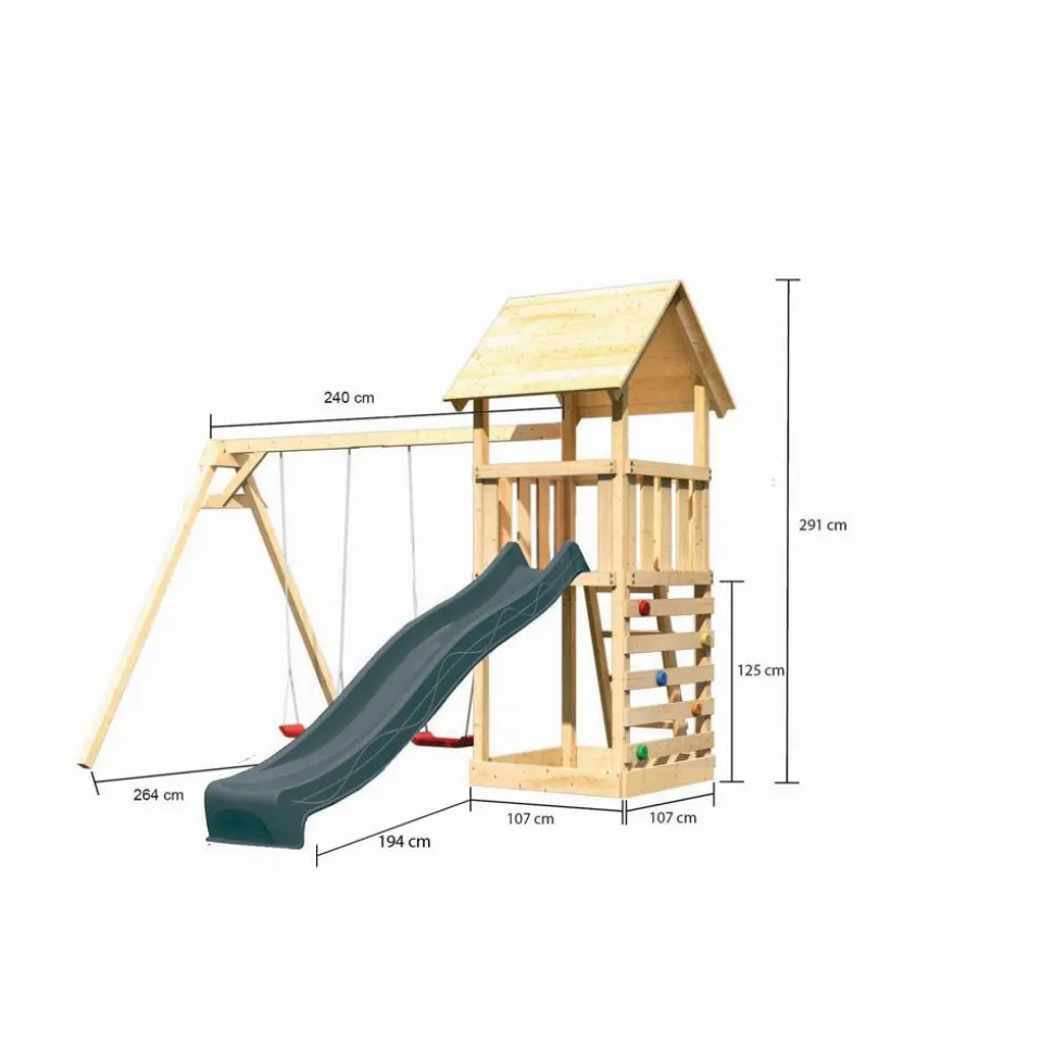 Kinderspielturm 'Lotti' Fichtenholz naturbelassen mit Rutsche anthrazit, Doppelschaukel, Kletterwand 107 x 291 x 107 cm