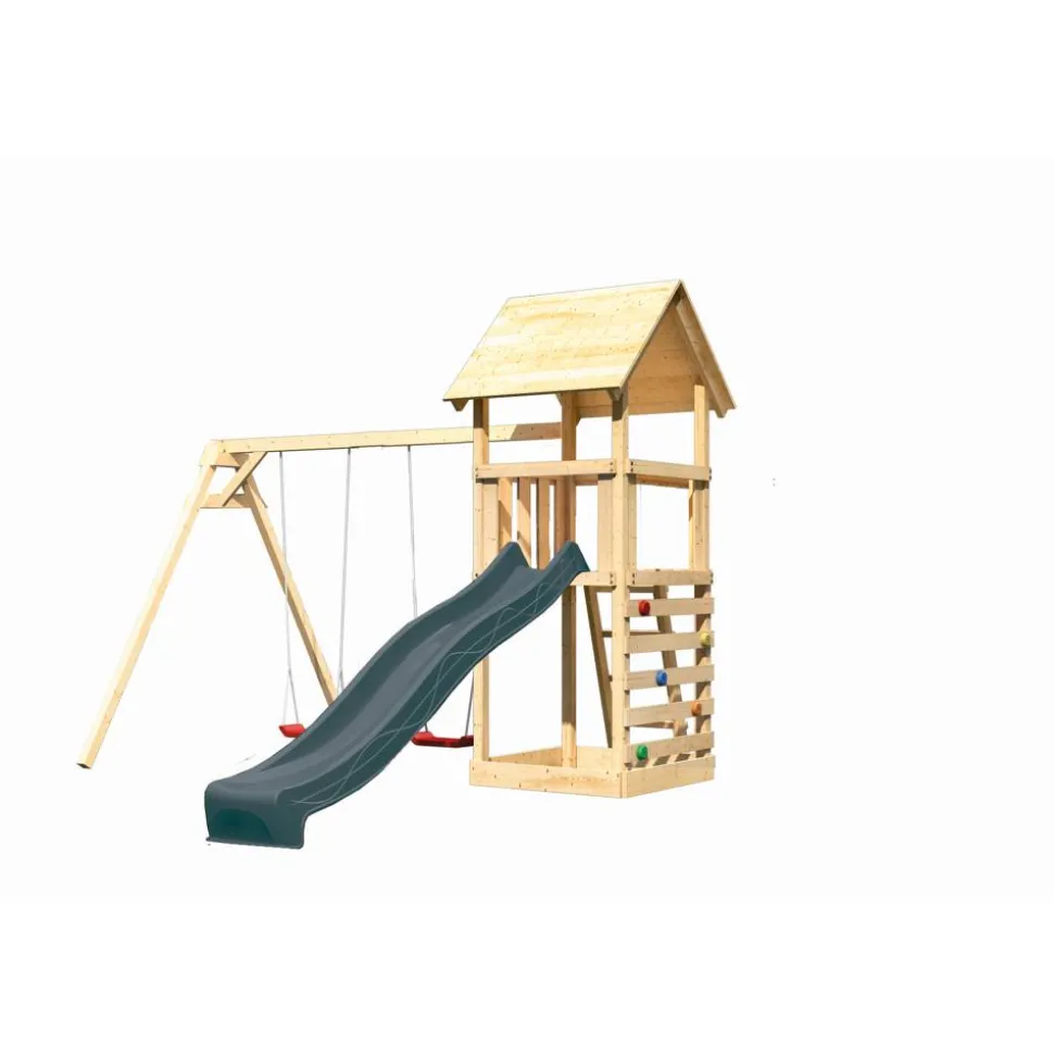 Kinderspielturm 'Lotti' Fichtenholz naturbelassen mit Rutsche anthrazit, Doppelschaukel, Kletterwand 107 x 291 x 107 cm