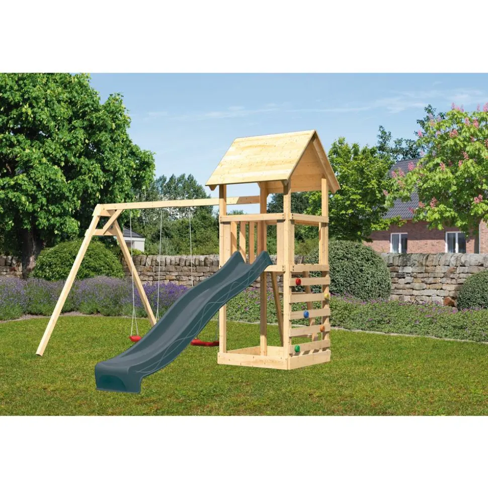 Kinderspielturm 'Lotti' Fichtenholz naturbelassen mit Rutsche anthrazit, Doppelschaukel, Kletterwand 107 x 291 x 107 cm