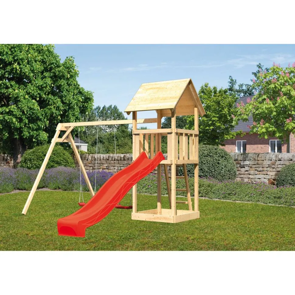 Kinderspielturm 'Lotti' Satteldach Doppelschaukel Rutsche rot
