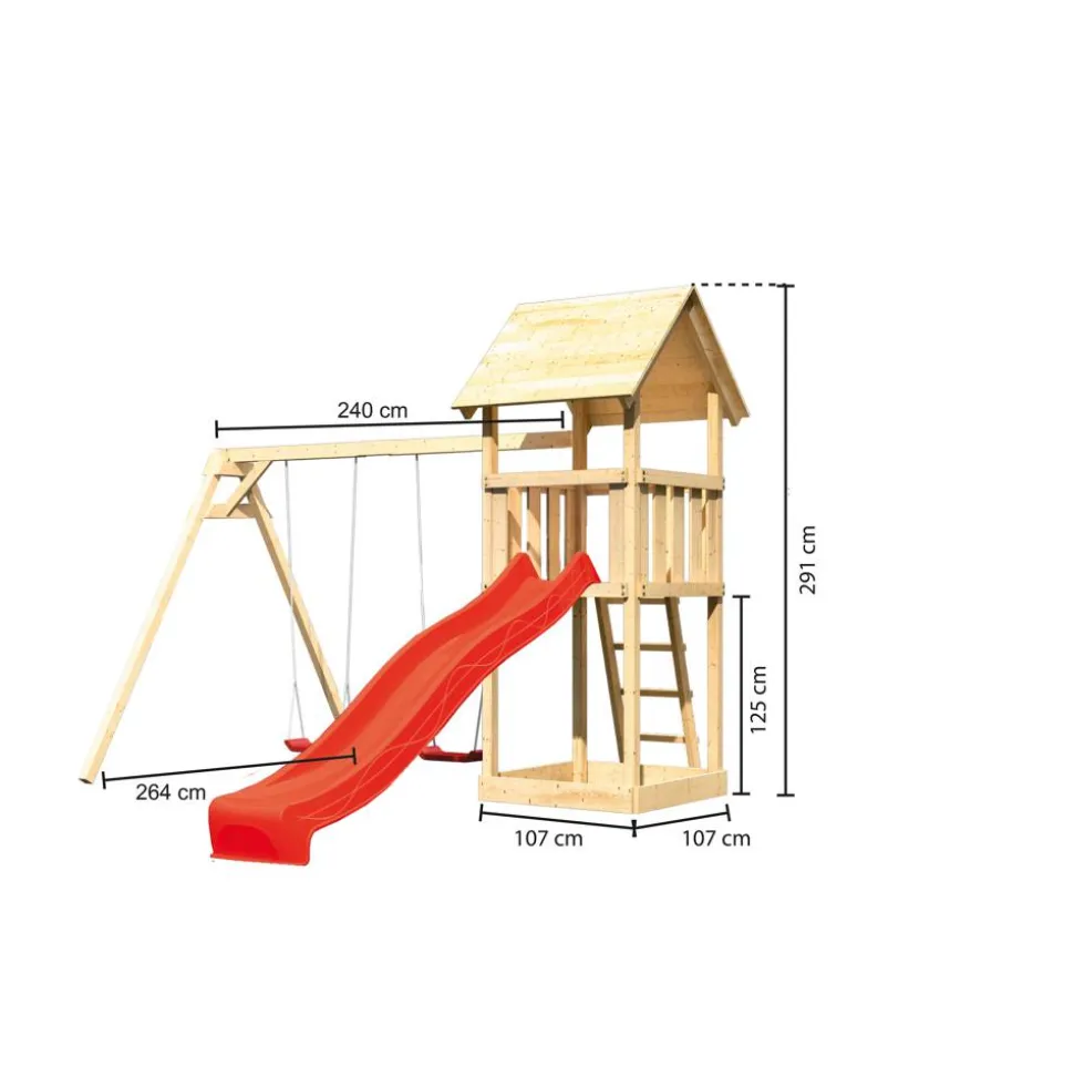 Kinderspielturm 'Lotti' Satteldach Doppelschaukel Rutsche rot