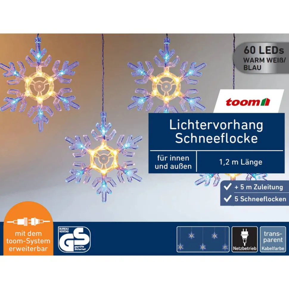 LED-Lichtervorhang 'Schneeflocke' 60 LEDs warmweiß/blau 120 cm
