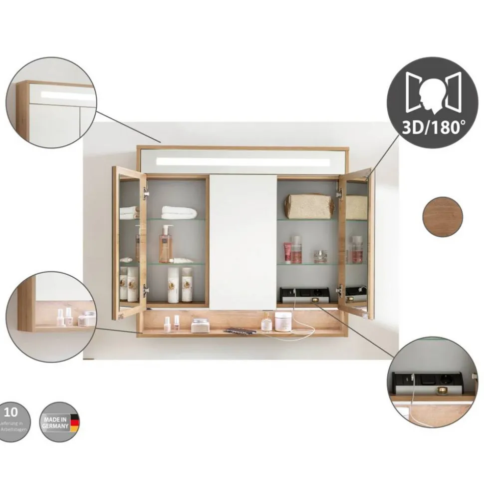 LED-Spiegelschrank 'Natura' braun 93,4 x 84 x 15,5 cm