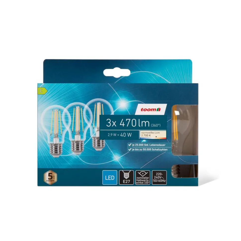 LED-Tropfenlampe klar warmweiß E27 40 W 470 lm, 3er-Pack