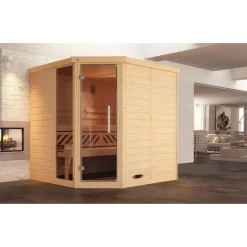 Massivholz-Elementsauna 'Kemi Eck 1' natur Glastür, Fenster 188 x 188 x 200 cm, ohne Ofen