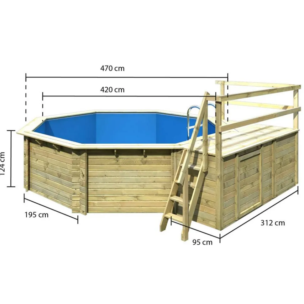 Massivholzpool-Set 'Modell 2 C' 470 x 470 x 124 cm mit Sonnendeck und Tiefbeckenleiter