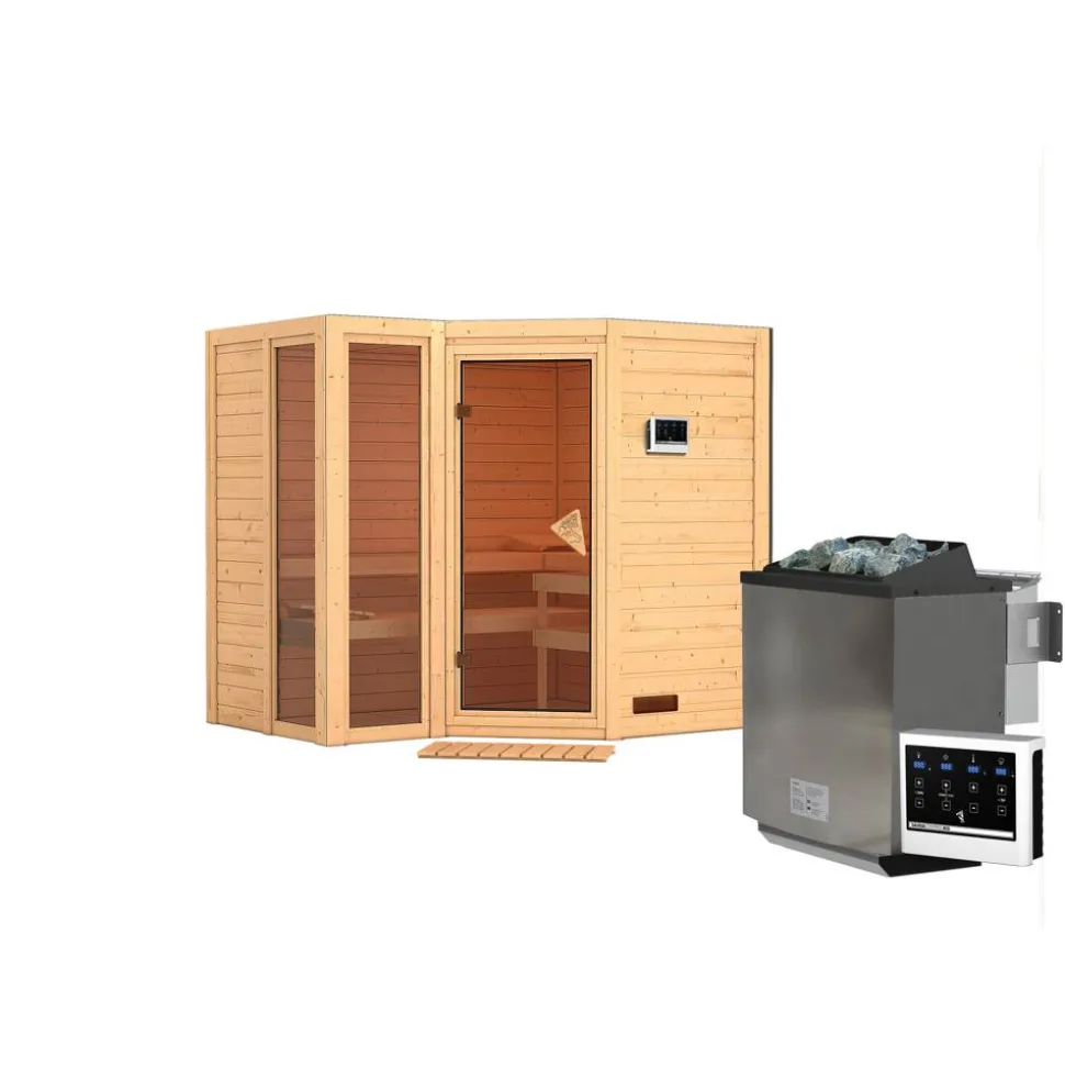 Massivholzsauna 'Ricarda' naturbelassen mit bronzierter Tür 9 kW Bio-Ofen externe Steuerung Easy 236 x 184 x 209 cm