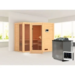 Massivholzsauna 'Ricarda' naturbelassen mit bronzierter Tür 9 kW Bio-Ofen externe Steuerung Easy 236 x 184 x 209 cm