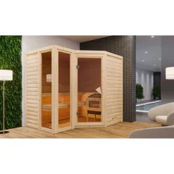 Massivholzsauna 'Ricarda' naturbelassen mit bronzierter Tür 9 kW Ofen externe Steuerung Easy 236 x 184 x 209 cm
