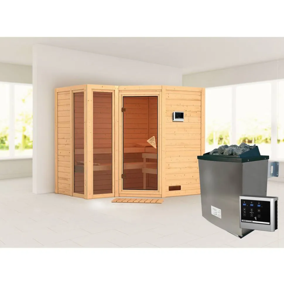 Massivholzsauna 'Ricarda' naturbelassen mit bronzierter Tür 9 kW Ofen externe Steuerung Easy 236 x 184 x 209 cm