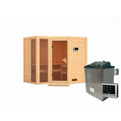 Massivholzsauna 'Ricarda' naturbelassen mit bronzierter Tür 9 kW Ofen externe Steuerung Easy 236 x 184 x 209 cm