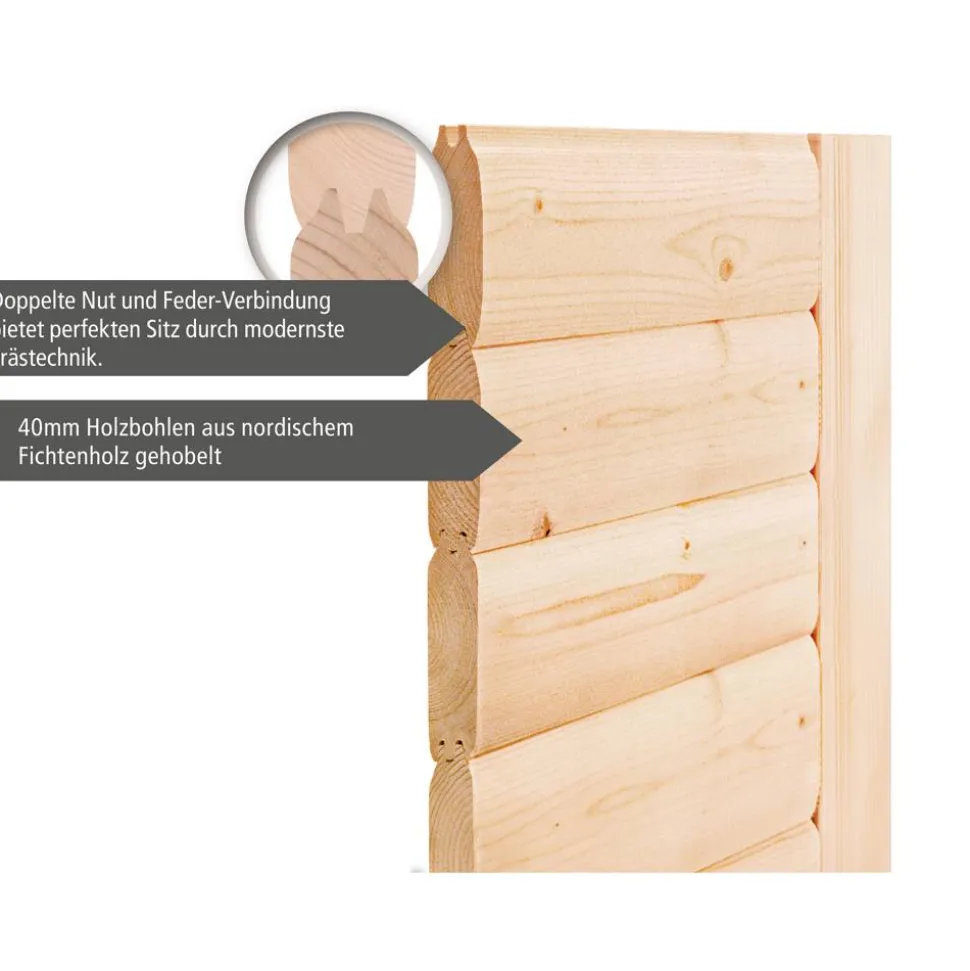 Massivholzsauna 'Ricarda' naturbelassen mit bronzierter Tür 9 kW Ofen externe Steuerung Easy 236 x 184 x 209 cm